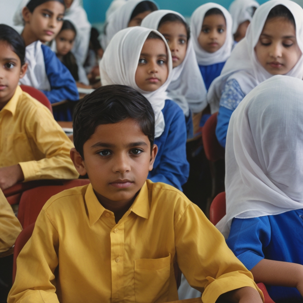 Pakistani children in worn uniforms sitting on a classroom floor, sharing one textbook at School. Their hopeful faces represent millions denied education - your donation can build proper desks and supplies.